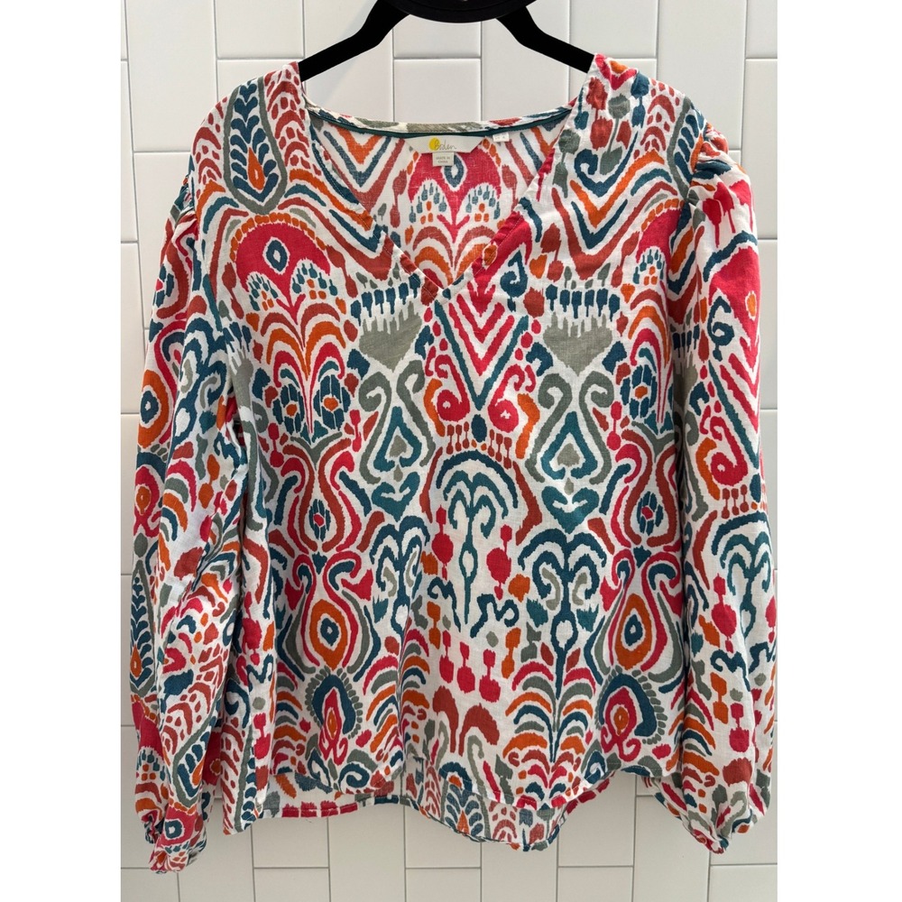 Boden Womens Red Blue Boho Ikat Linen V-Neck Puff Sleeve Blouse Top US 6 T0960